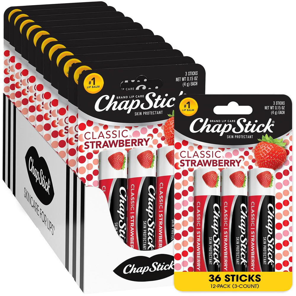 ChapStick Classic Strawberry 3-pack front view for daily moisture on the go.