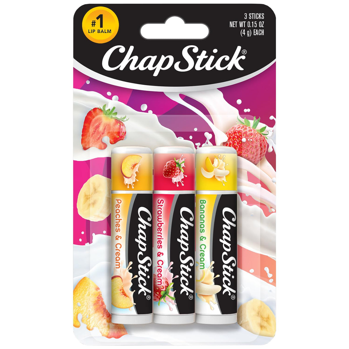 ChapStick Peach Lip Balm from Fruit & Cream, smooth moisture for dry lips.