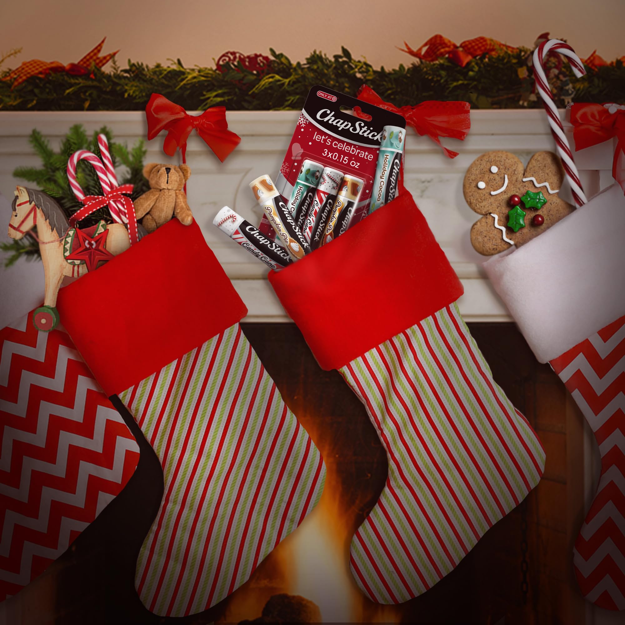 ChapStick Holiday Candy Cane lip balm close-up highlighting minty scent and refreshing feel.