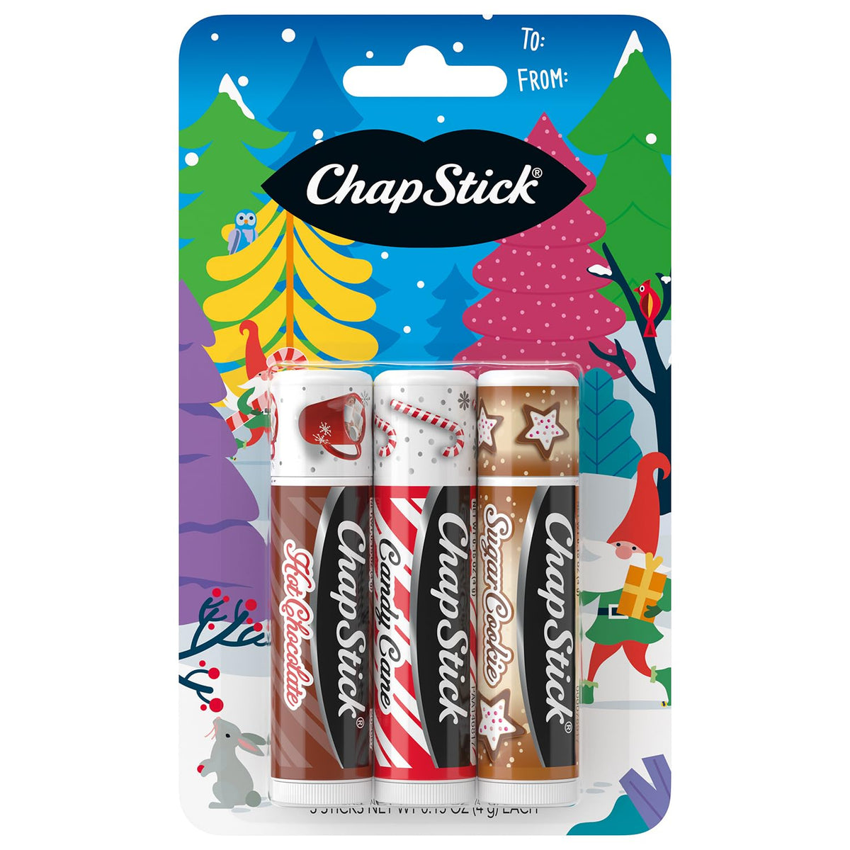 ChapStick Holiday Hot Chocolate lip balm close-up showing a smooth, comforting feel on lips.