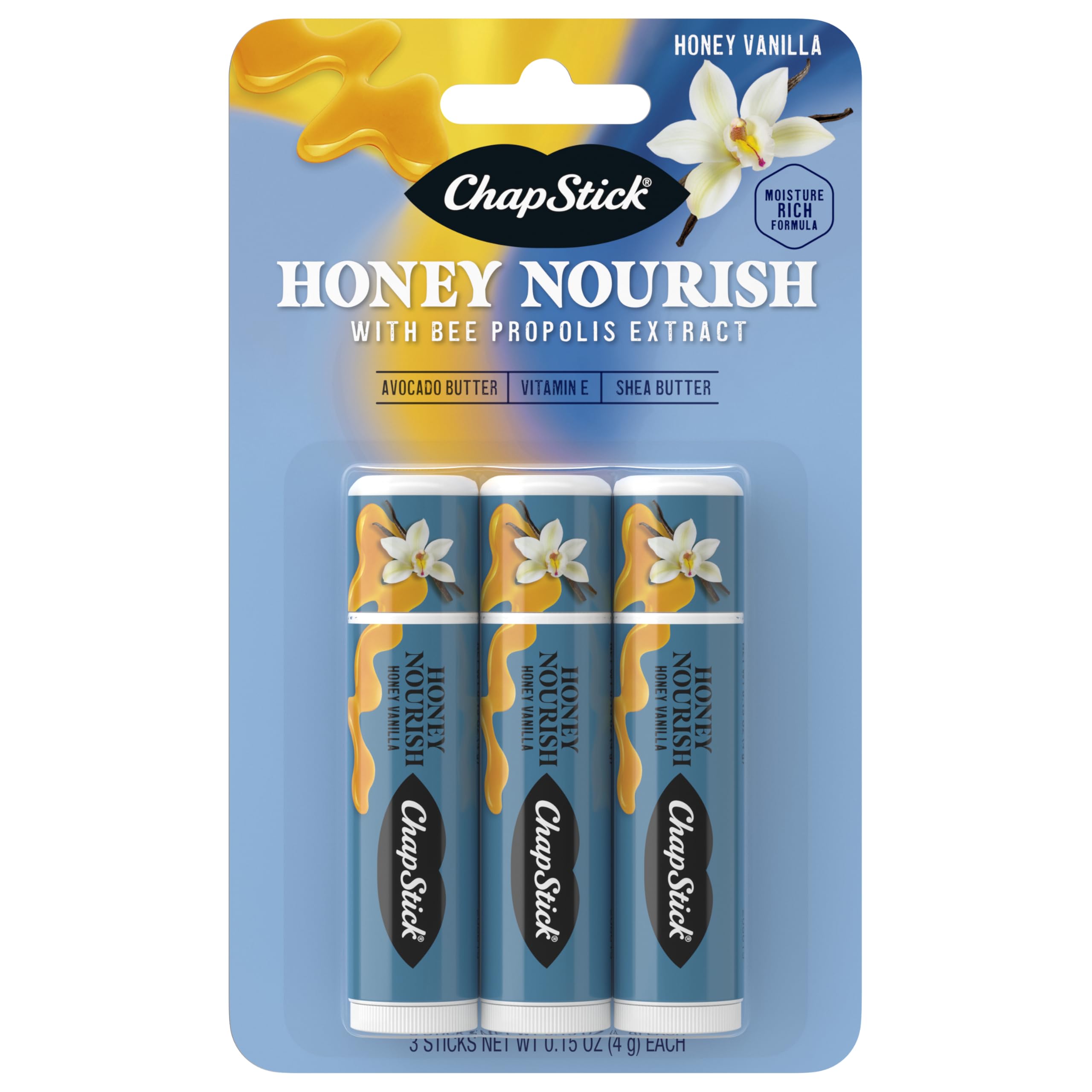 ChapStick Honey Nourish tubes visible with honey vanilla scent for daily hydration.