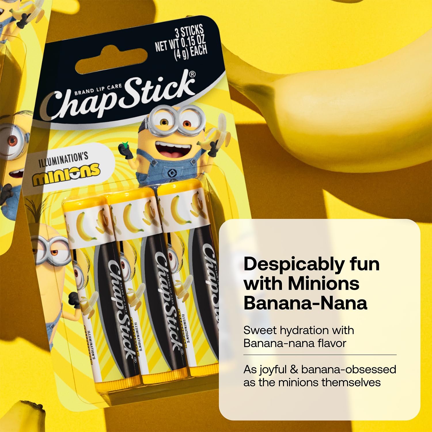 Minions-themed packaging highlights Banana-Nana flavor for party favors and gifts.