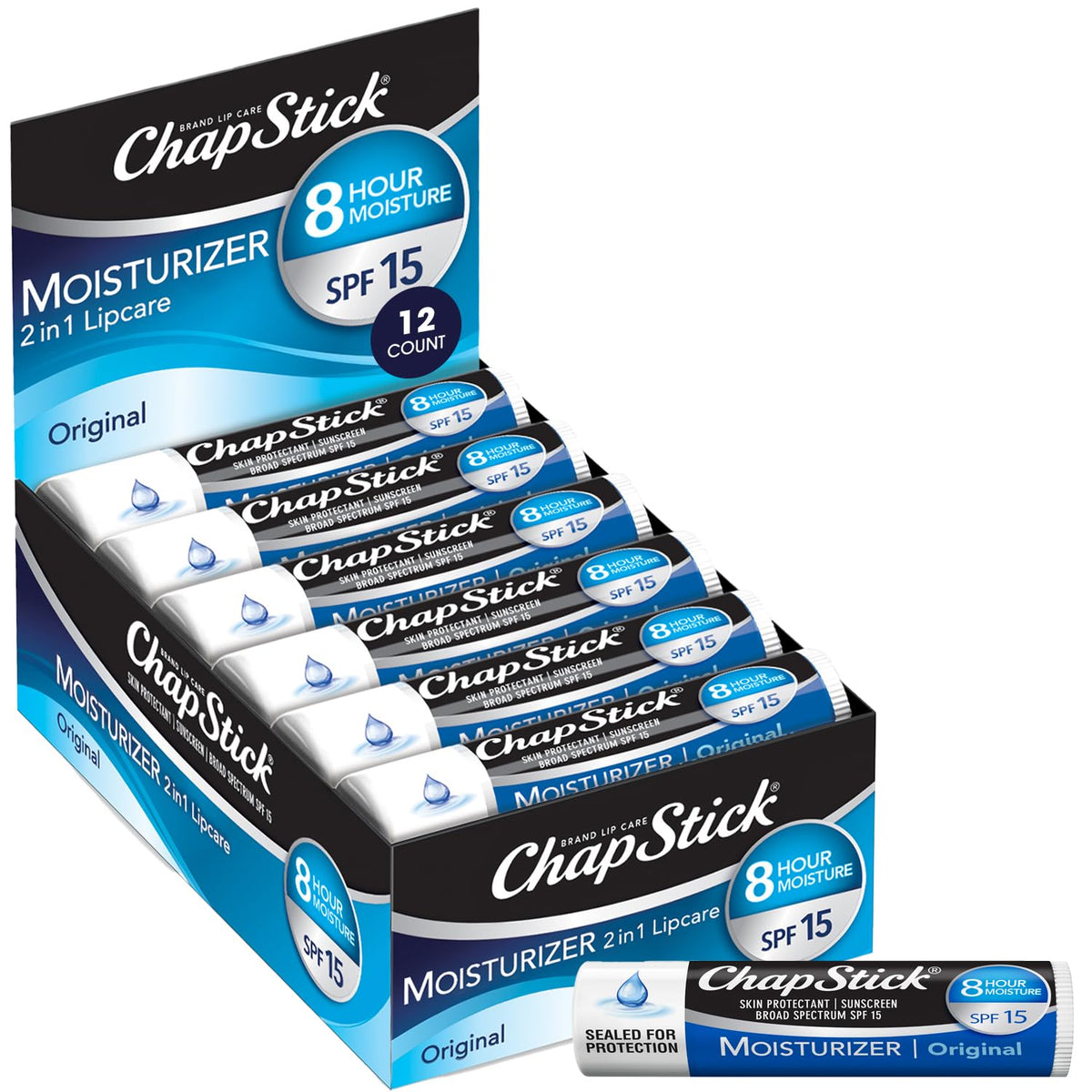 ChapStick Moisturizer 2-in-1 Lipcare SPF15 bottle showing sun protection for dry lips.