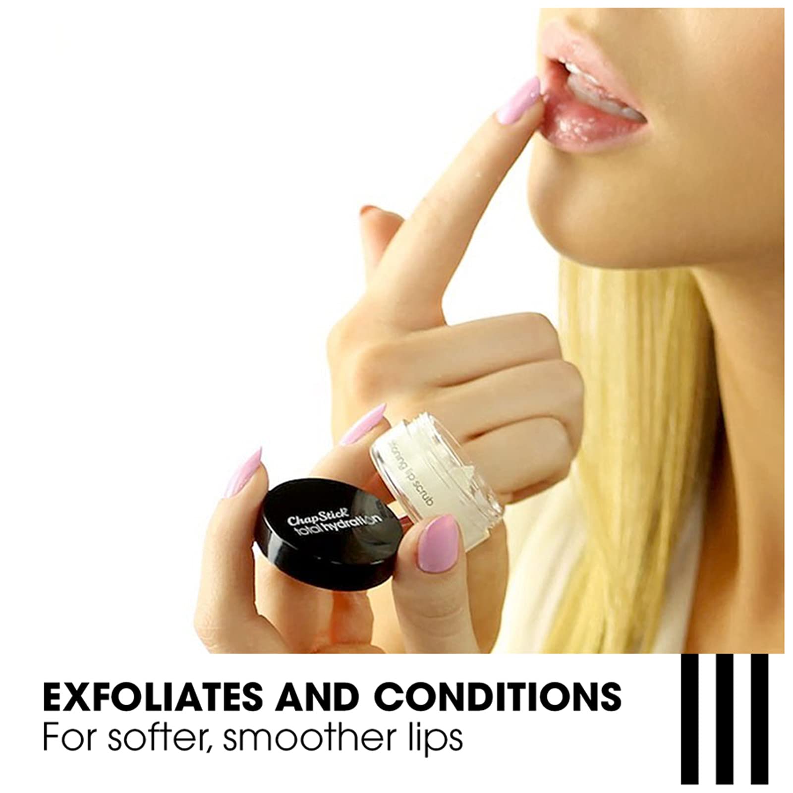 ChapStick Total Hydration Sugar Plum lip scrub applied on lips for exfoliation
