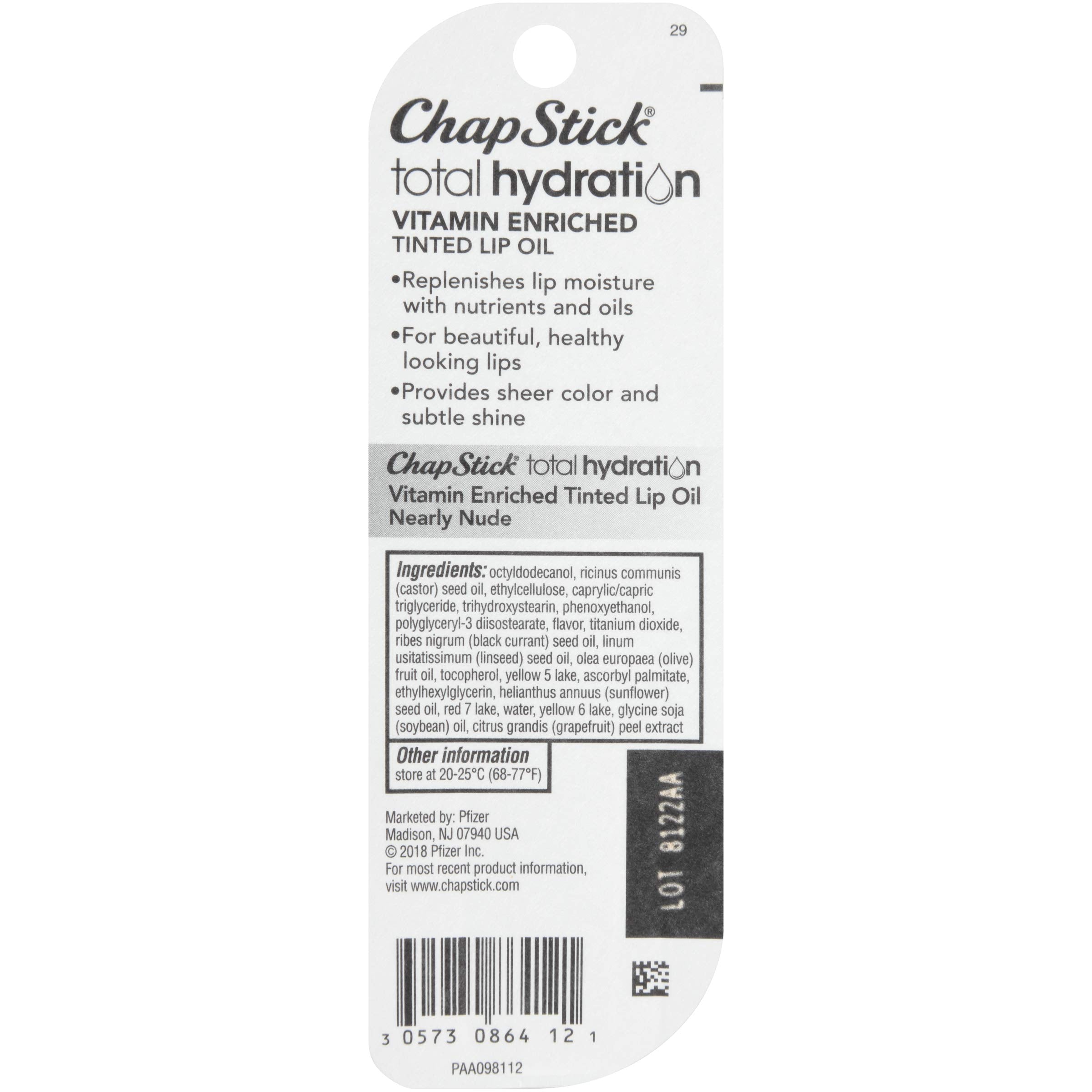 ChapStick Total Hydration Lip Oil close-up highlights vitamin-enriched formula.