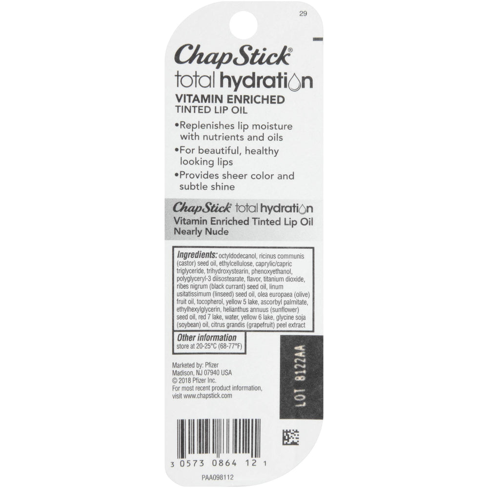 ChapStick Total Hydration Lip Oil close-up highlights vitamin-enriched formula.