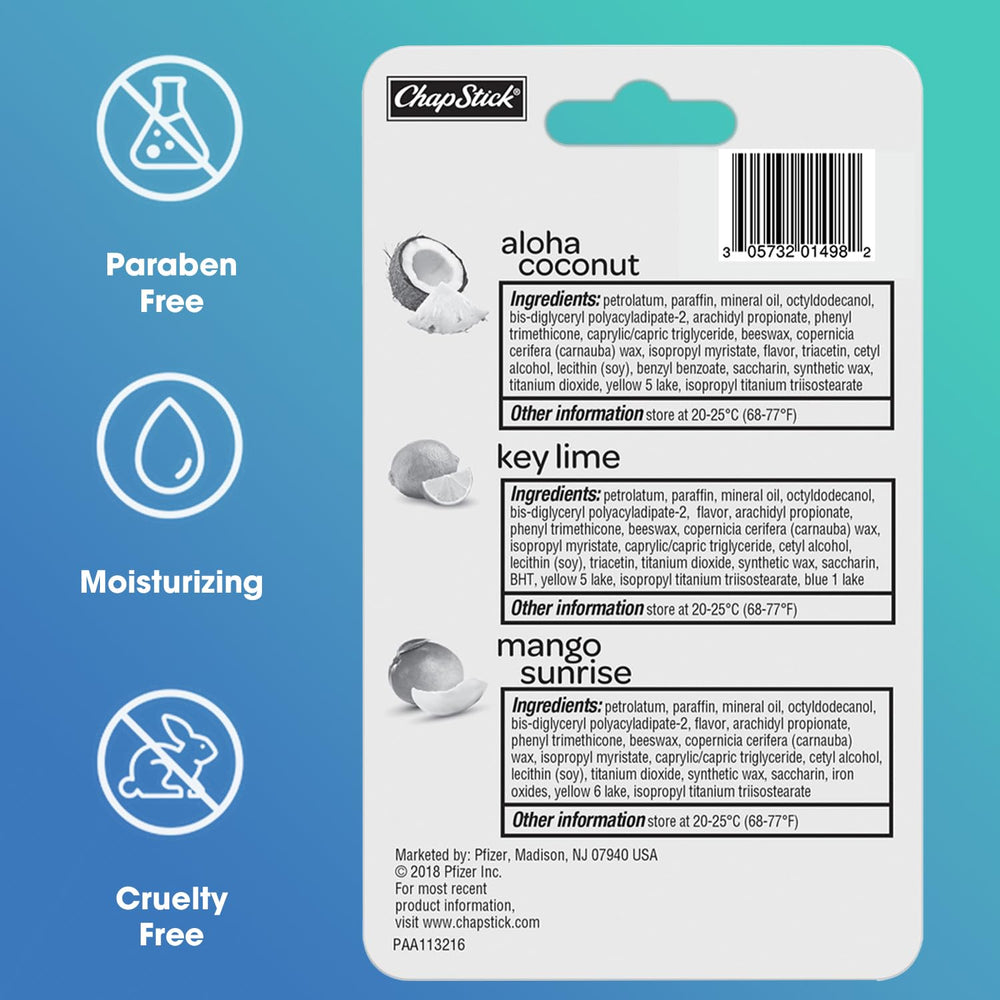 ChapStick Tropical Paradise Paraben-free and cruelty-free icon on packaging