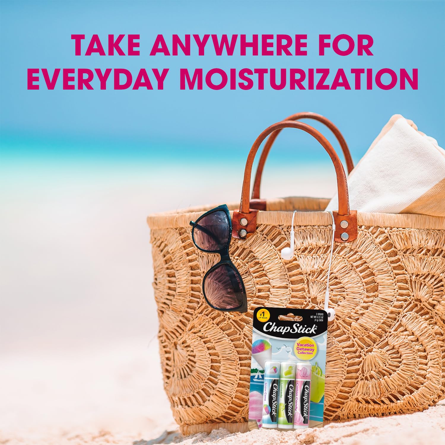 ChapStick Vacation Getaway Cotton Candy lip balm close-up, compact pocket-friendly lip care.