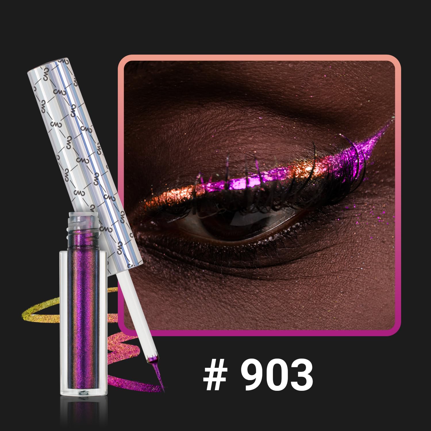 CHARMACY Duochrome eyeliner shows color shift on lids for dramatic lids.