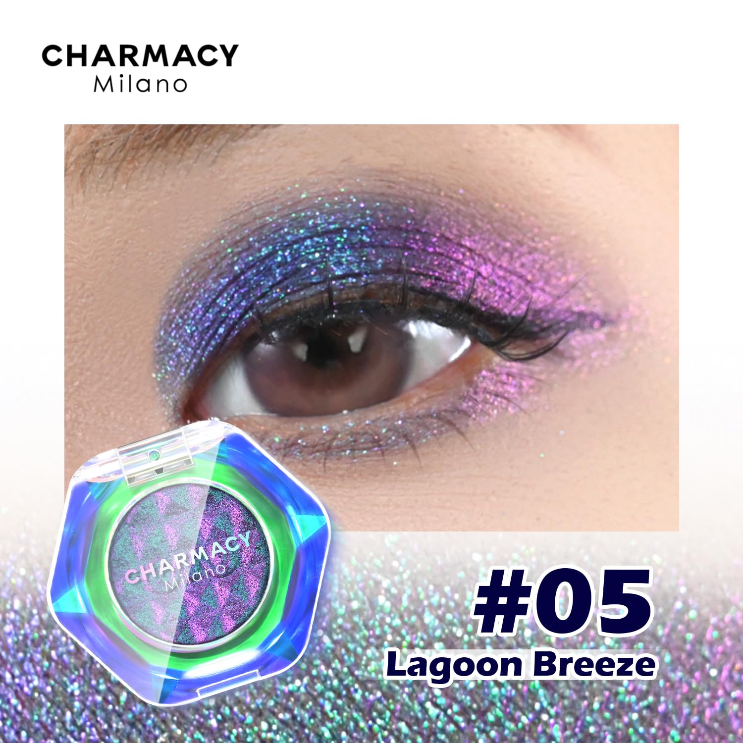 CHARMACY Multichrome Glitter Eyeshadow swatches under light reveal shifting hues