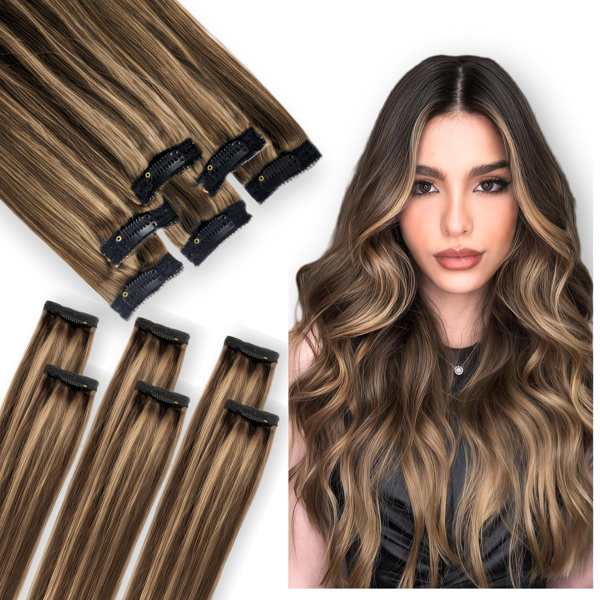 Charmele balayage clip-in extensions 10 inch blend for natural highlights.