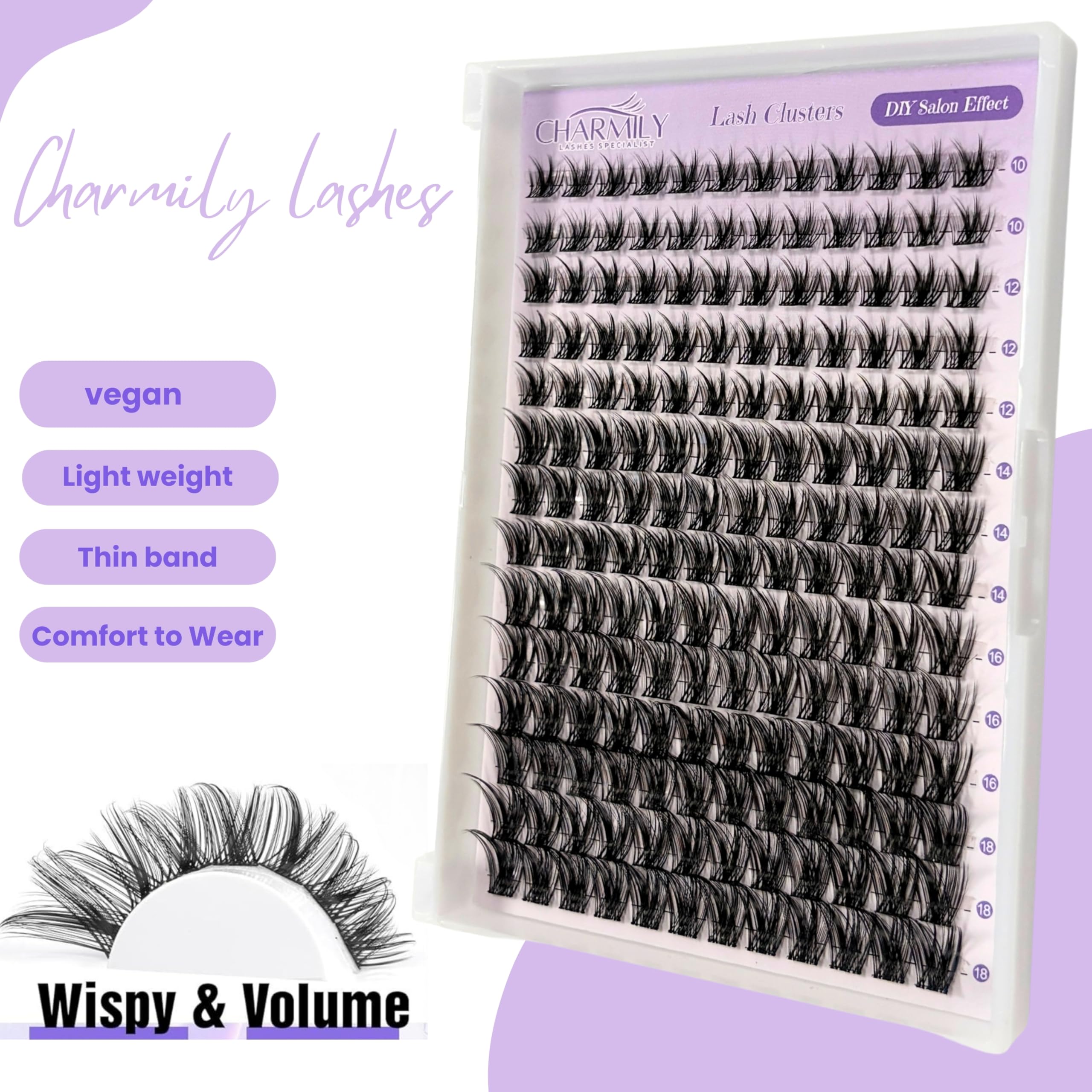 Charmily Lash Clusters offer mixed lengths from 10 to 18 mm for versatile styling options.