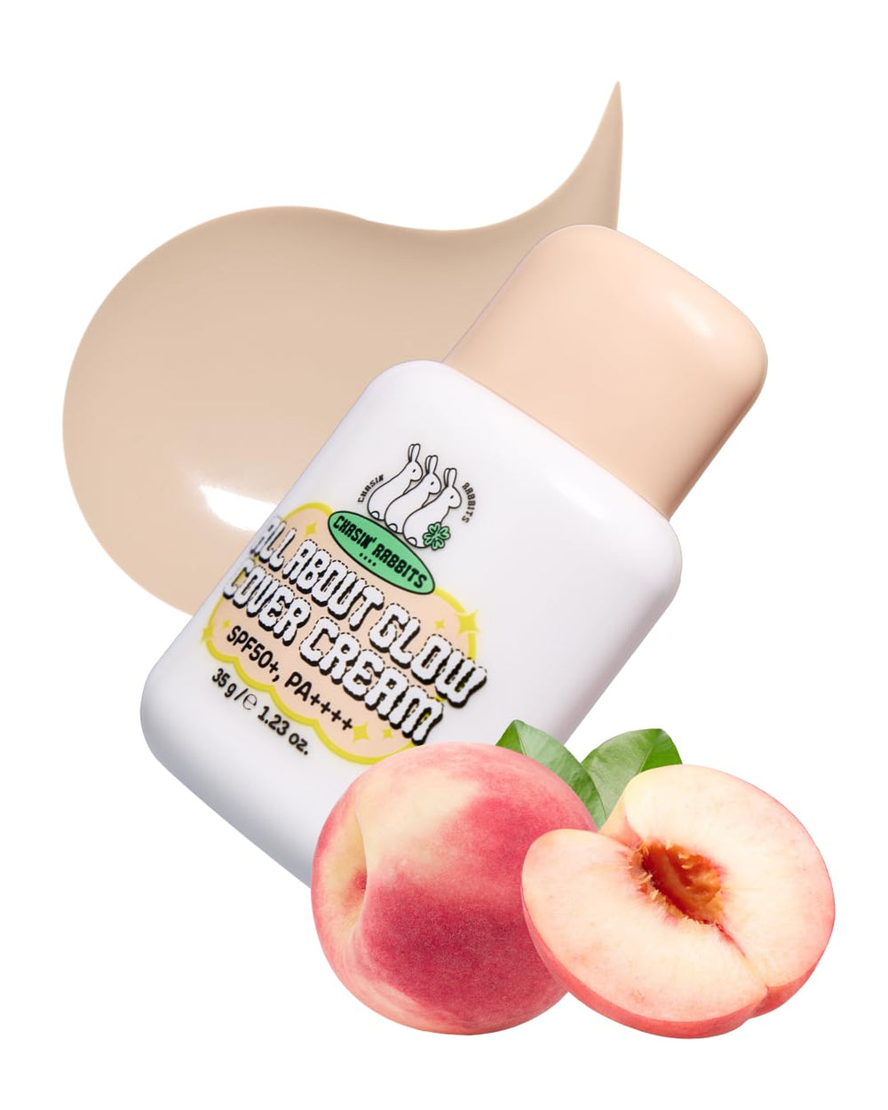 CHASIN' RABBITS All About Glow Cover Cream bottle-pump close-up shows sleek packaging and luminous finish.