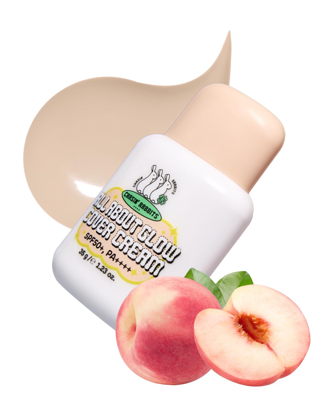 CHASIN' RABBITS All About Glow Cover Cream bottle-pump close-up shows sleek packaging and luminous finish.