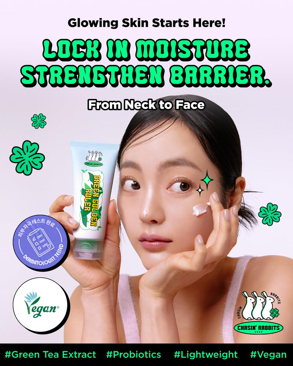 CHASIN' RABBITS Green Golden Ruler cream texture closeup highlights silky non-sticky feel.