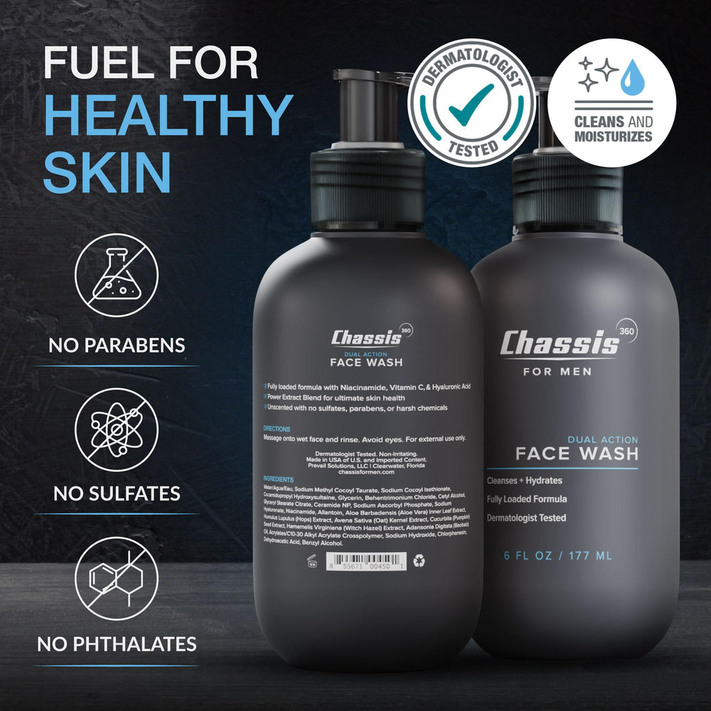 Chassis 360 Dual Action Face Wash 6 oz packaging for home and travel