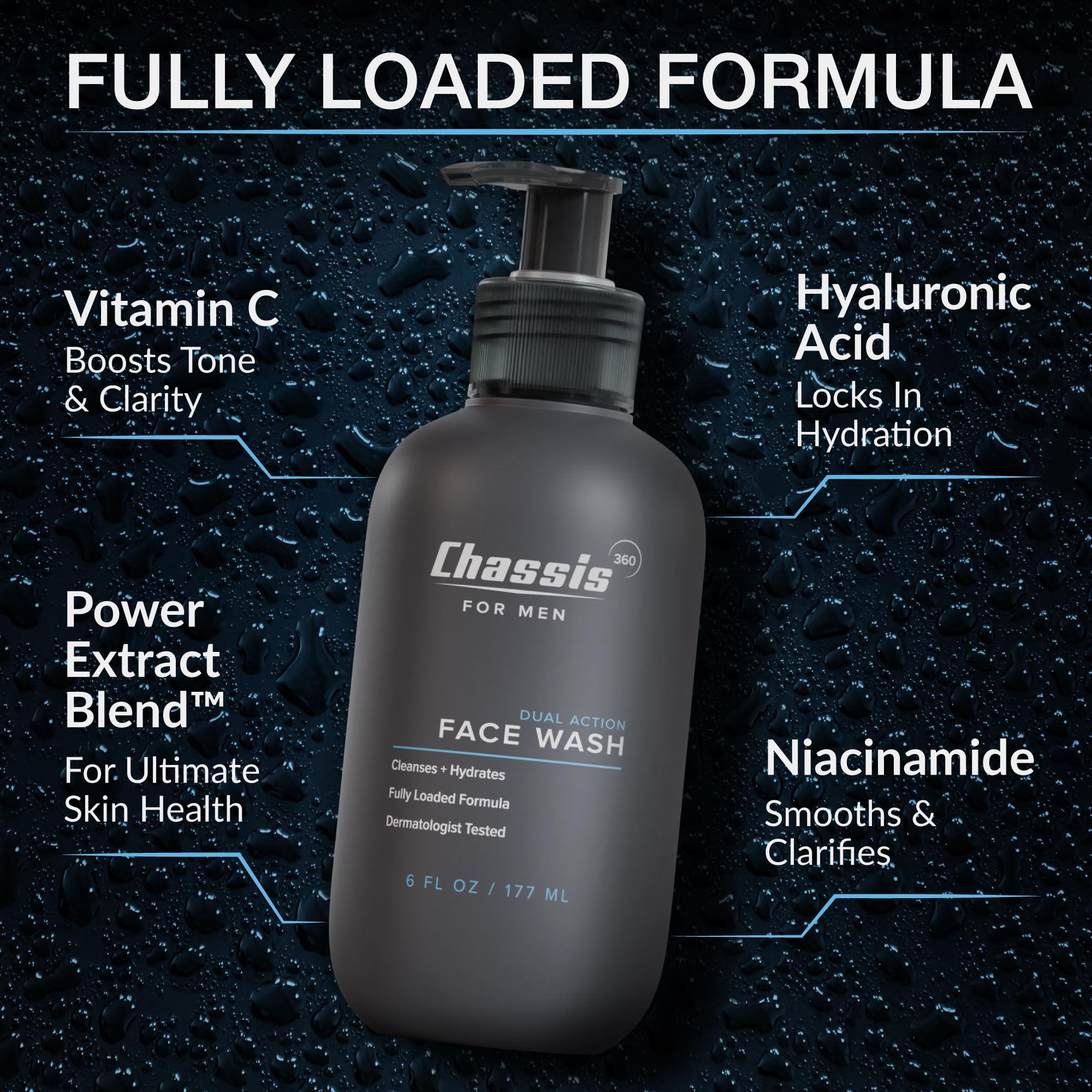 Chassis 360 Dual Action Face Wash applying foam to face for even cleansing