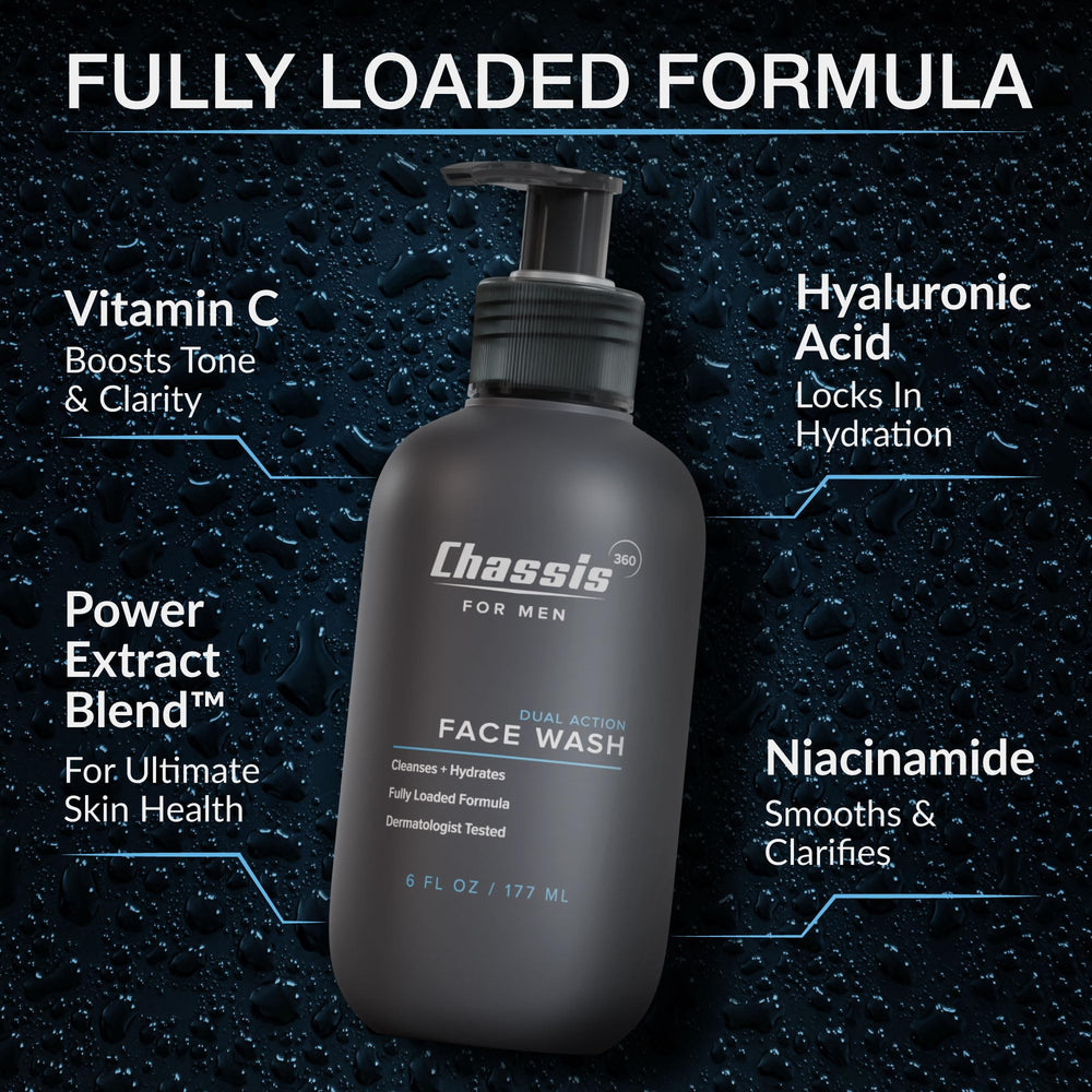 Chassis 360 Dual Action Face Wash applying foam to face for even cleansing