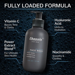 Chassis 360 Dual Action Face Wash applying foam to face for even cleansing