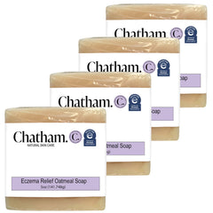 Chatham oatmeal soap bar with eczema relief close-up, showing soothing formula for sensitive skin.