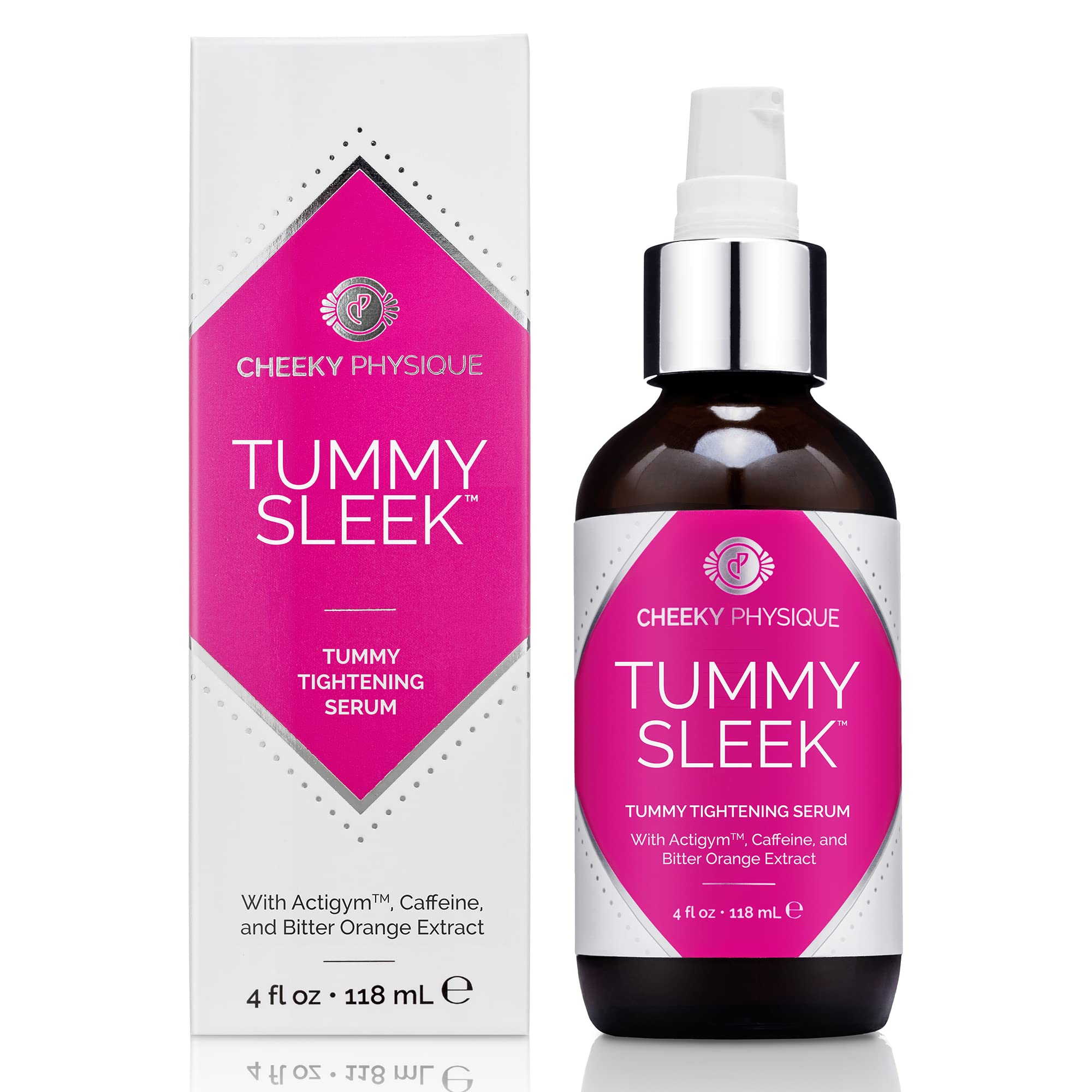 Cheeky Physique Tummy Sleek bottle pump for easy, targeted firming during daily routines.
