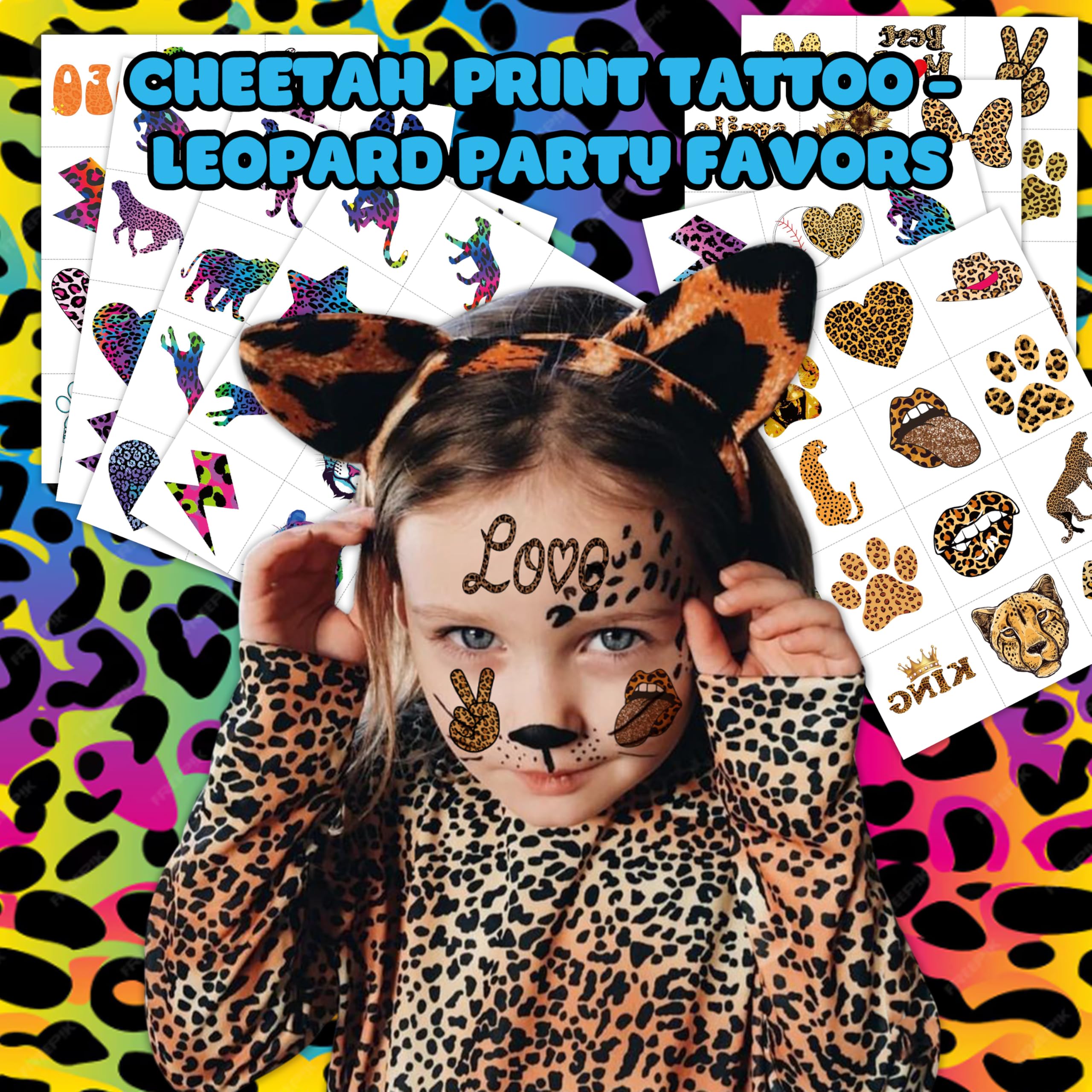 Cheetah tattoos sheets display bold jungle designs, great for easy party distribution.