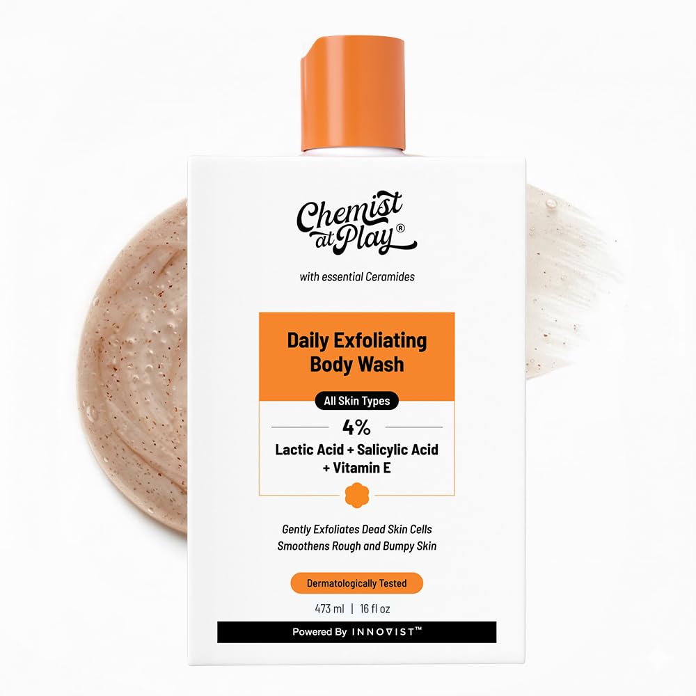 Chemist At Play Exfoliating Body Wash bottle shows a deep-clean for dry skin