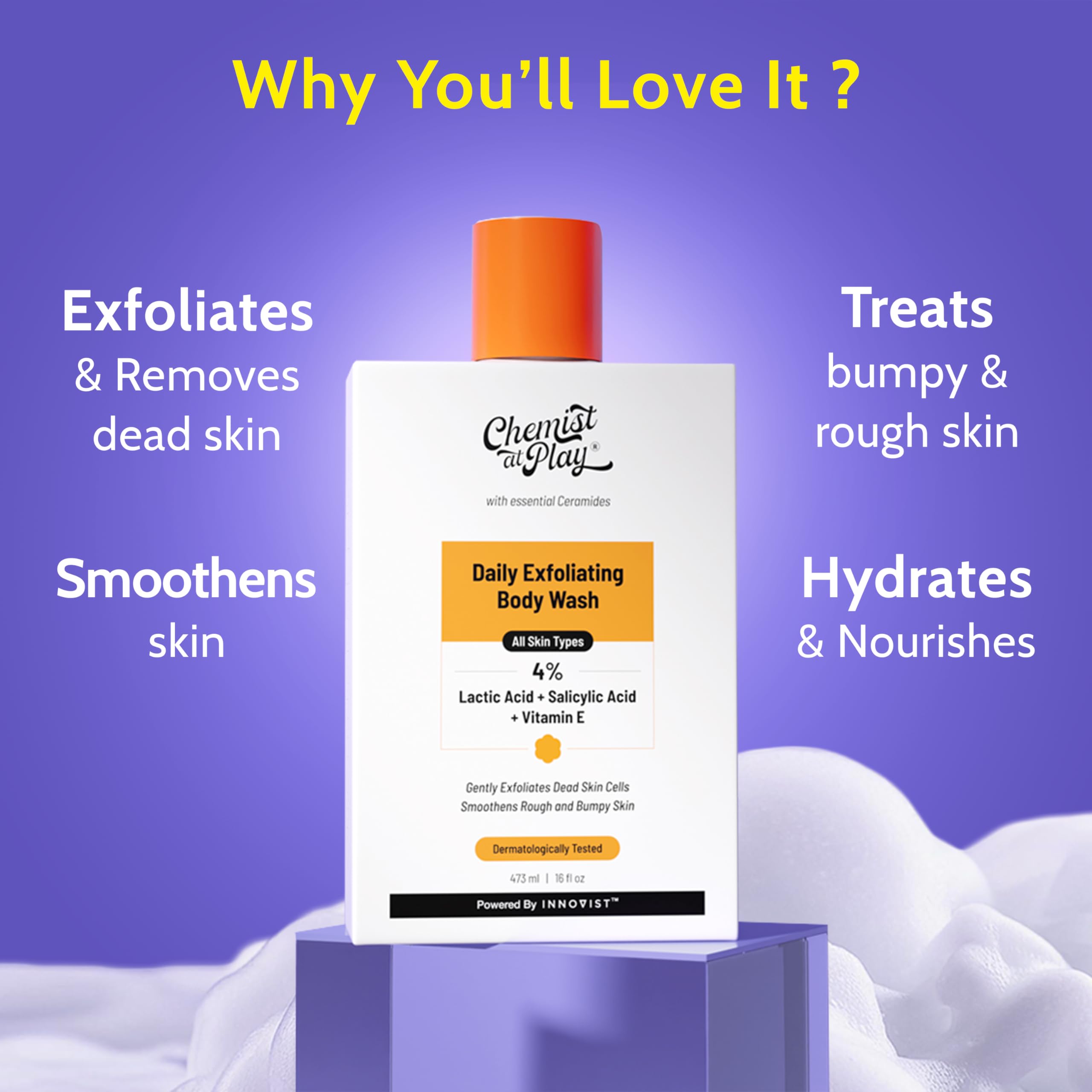 Chemist At Play Exfoliating Body Wash lather promotes a soft, renewed feel