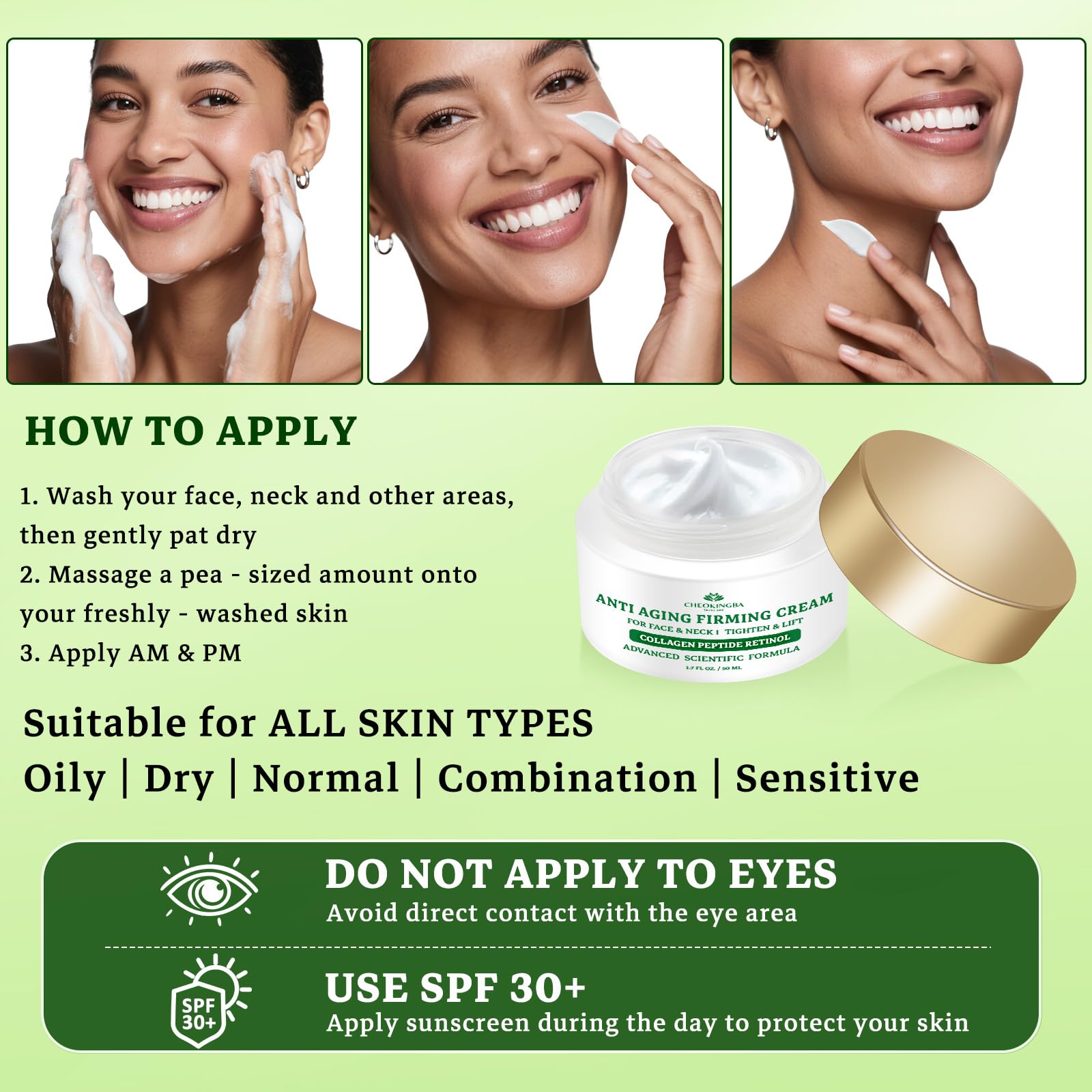 CHEOKINGBA Tighten Neck Cream Hyaluronic Acid label highlights key moisturizing ingredients.