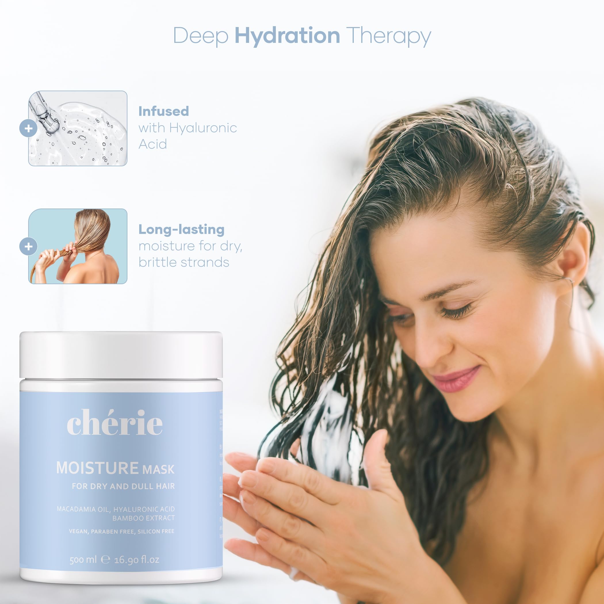 cherie Deep Conditioning Hair Mask hyaluronic acid microdrops hydrate and plump strands.