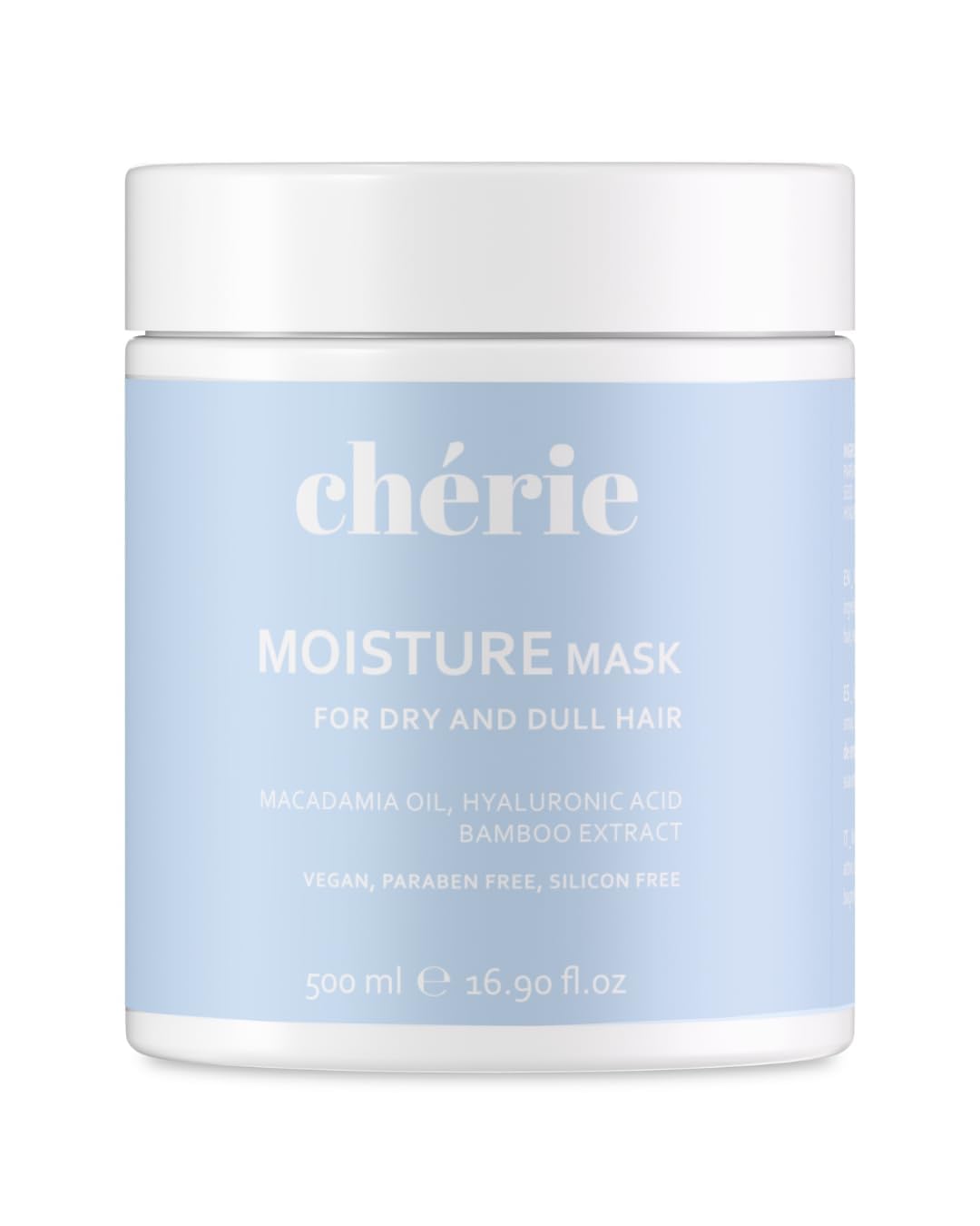 cherie Deep Conditioning Hair Mask bottle highlights hydrating macadamia oil for dry hair.