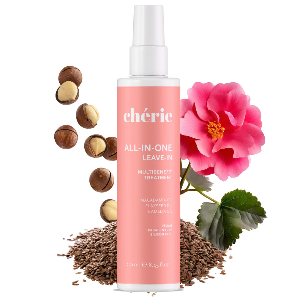 Cherie leave-in conditioner bottle pour for lightweight hydration across hair types.