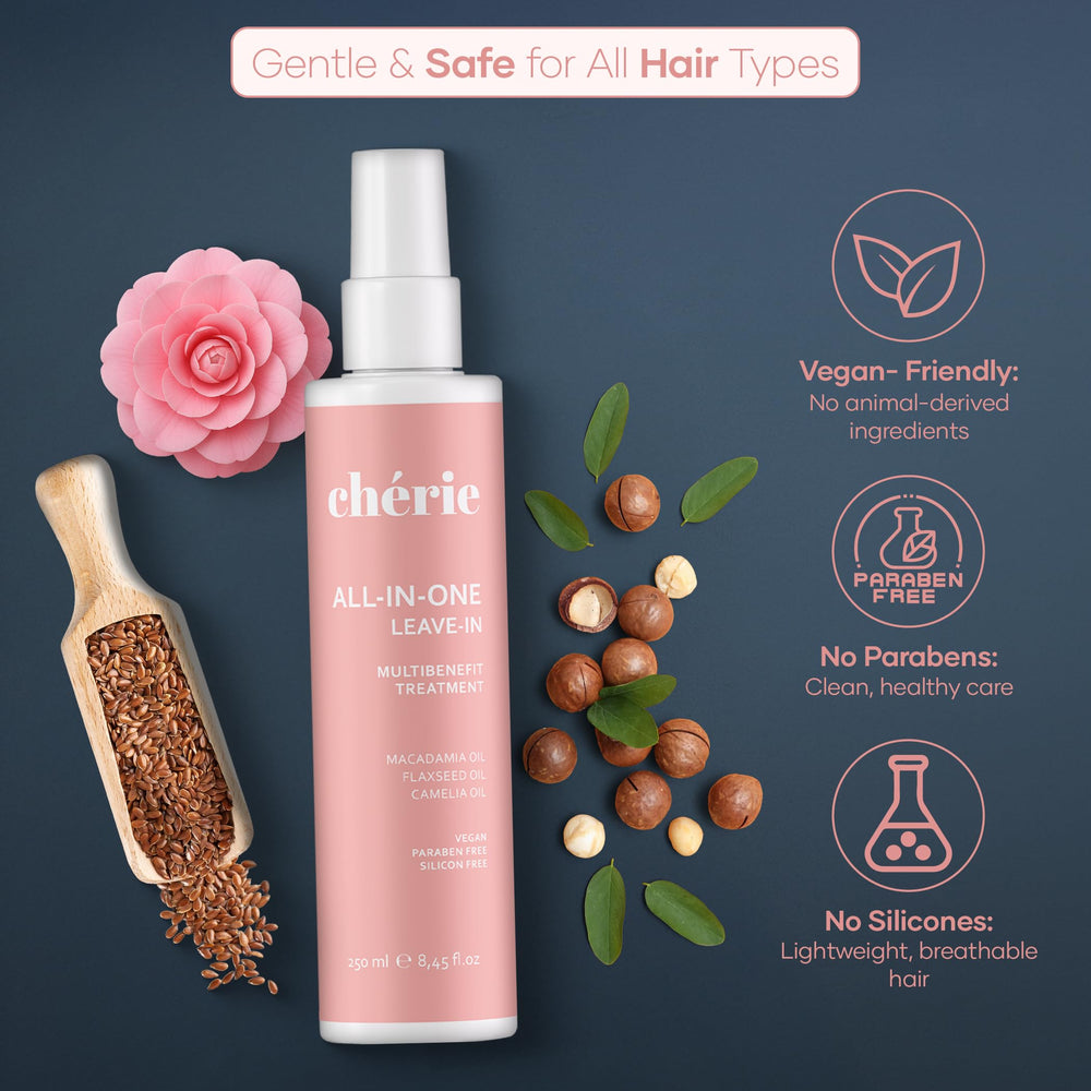 Cherie nourishes hair with macadamia, flaxseed, and camellia oils.