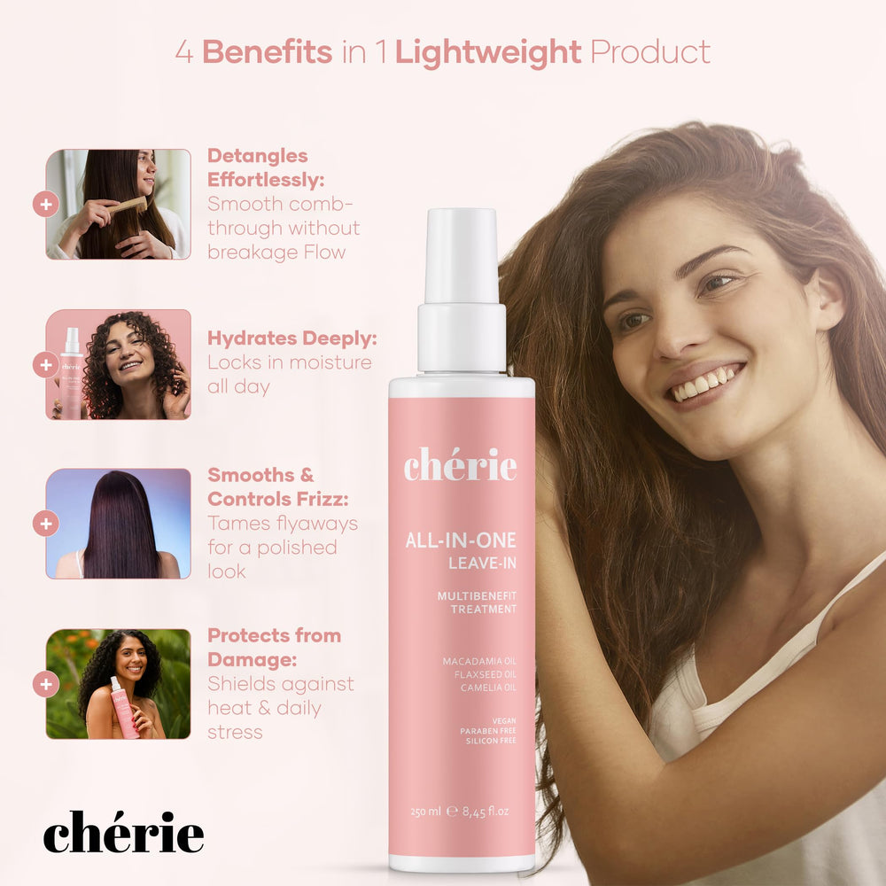 Cherie leave-in conditioner spray mist evenly nourishes damp hair for detangling.