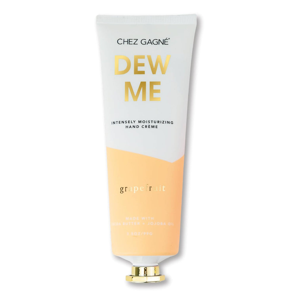 Chez Gagné Dew Me Hand Crème bottle with grapefruit scent delivering bright hydration.
