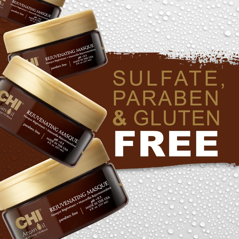 CHI Argan Oil Rejuvenating Masque being applied to damp hair for smoothness.