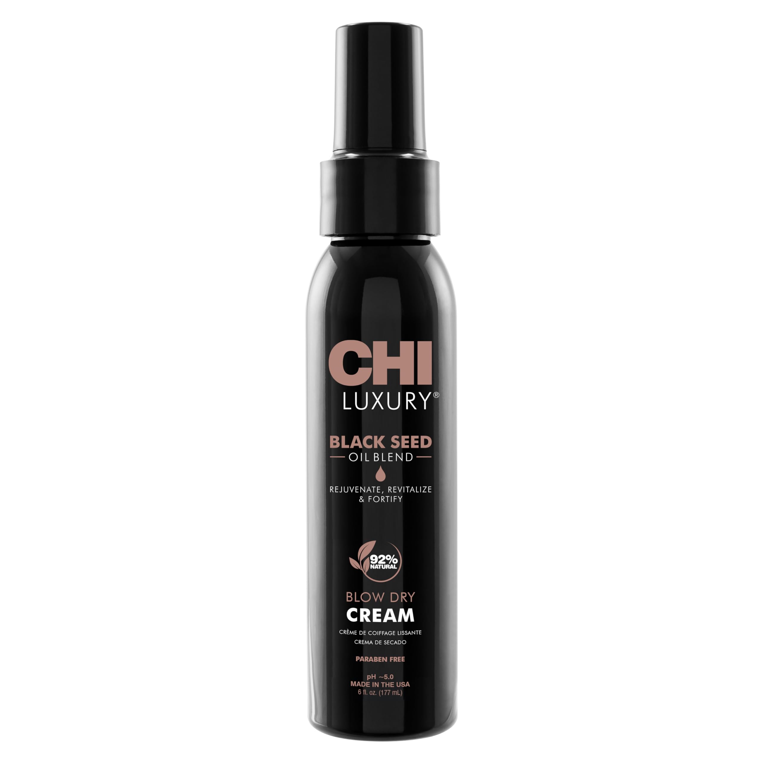 CHI Luxury Black Seed Oil Blow Dry Cream bottle highlights frizz control and shine.