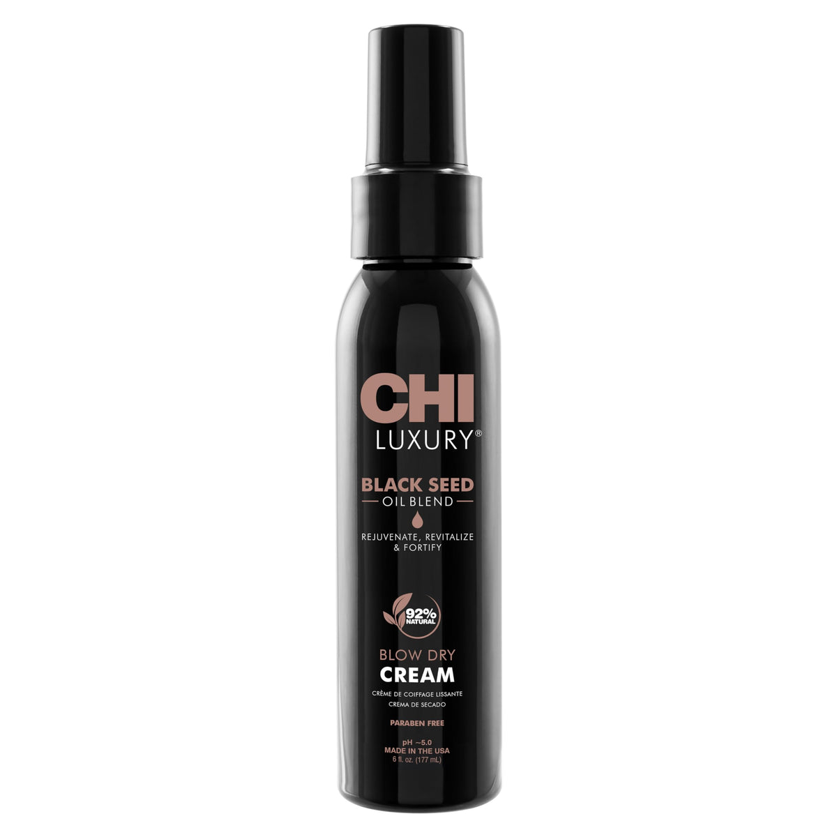 CHI Luxury Black Seed Oil Blow Dry Cream bottle highlights frizz control and shine.