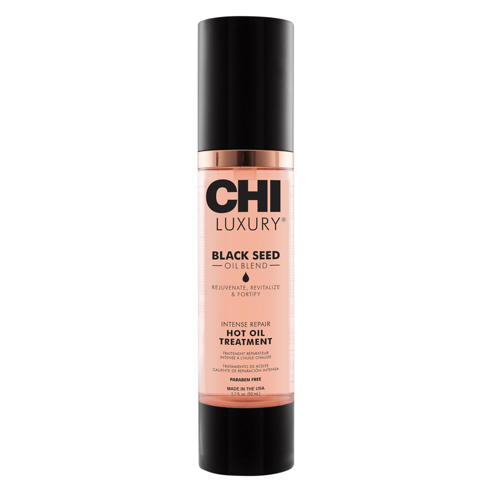 CHI Luxury Black Seed Oil bottle showing intense repair for dry, damaged hair