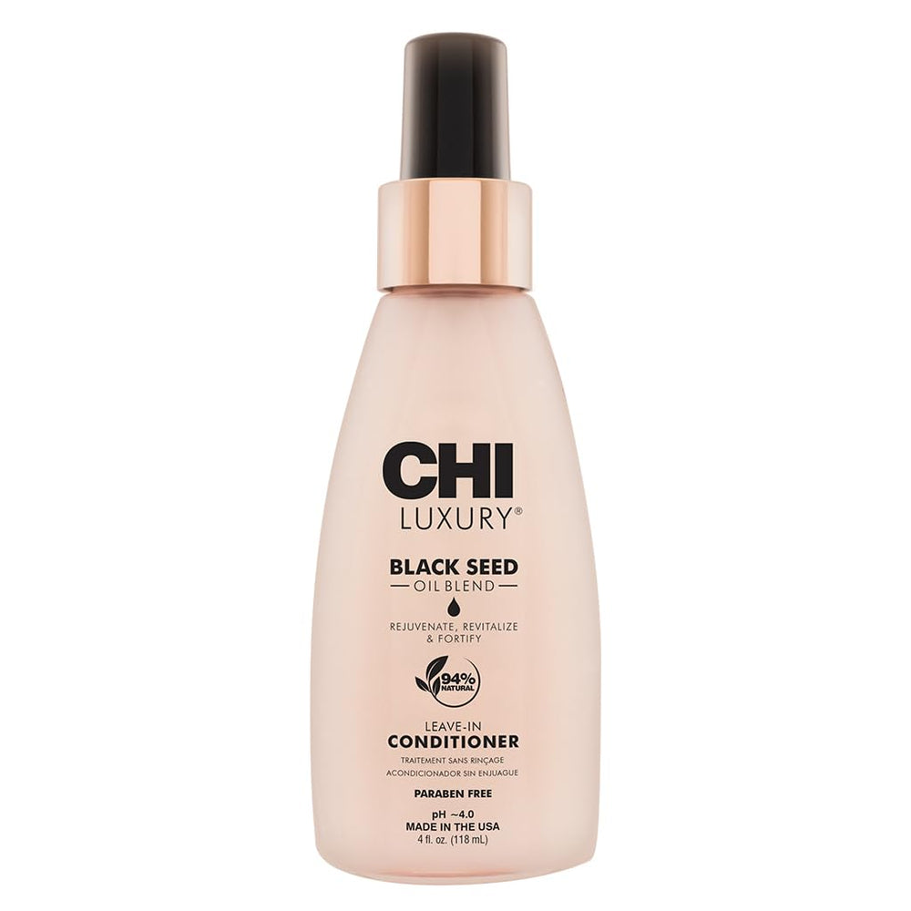 CHI Luxury Black Seed Oil Leave-In bottle detangles and hydrates for smooth styling.