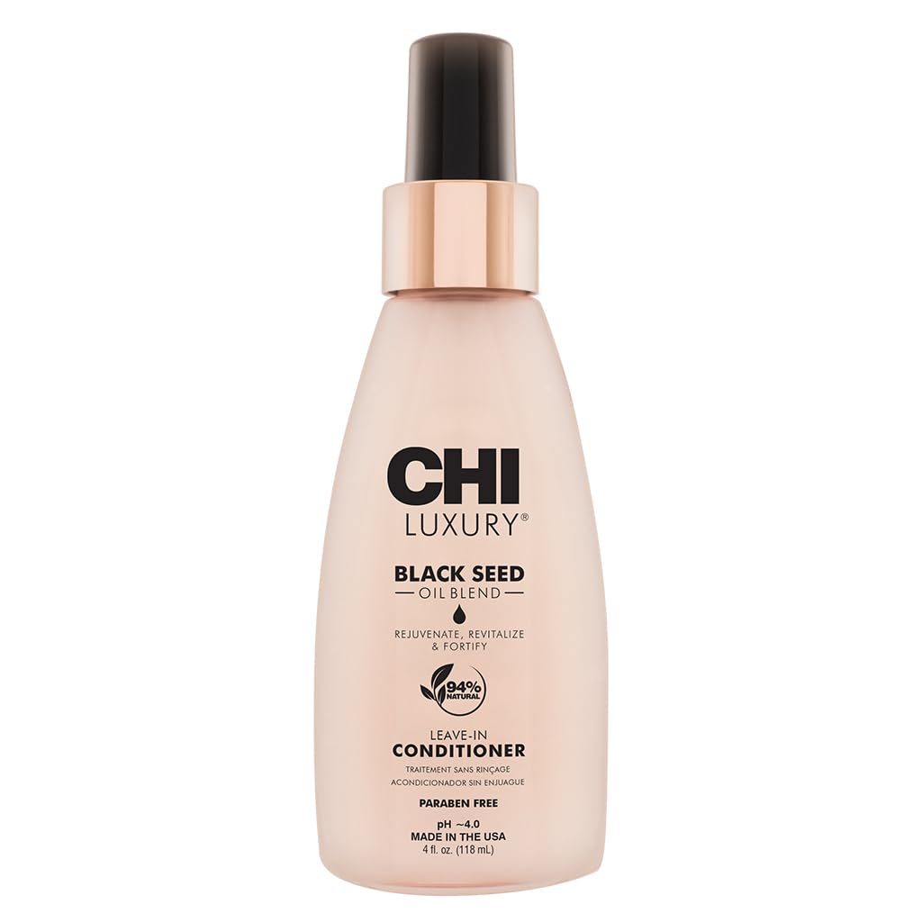 CHI Luxury Black Seed Oil Leave-In bottle detangles and hydrates for smooth styling.