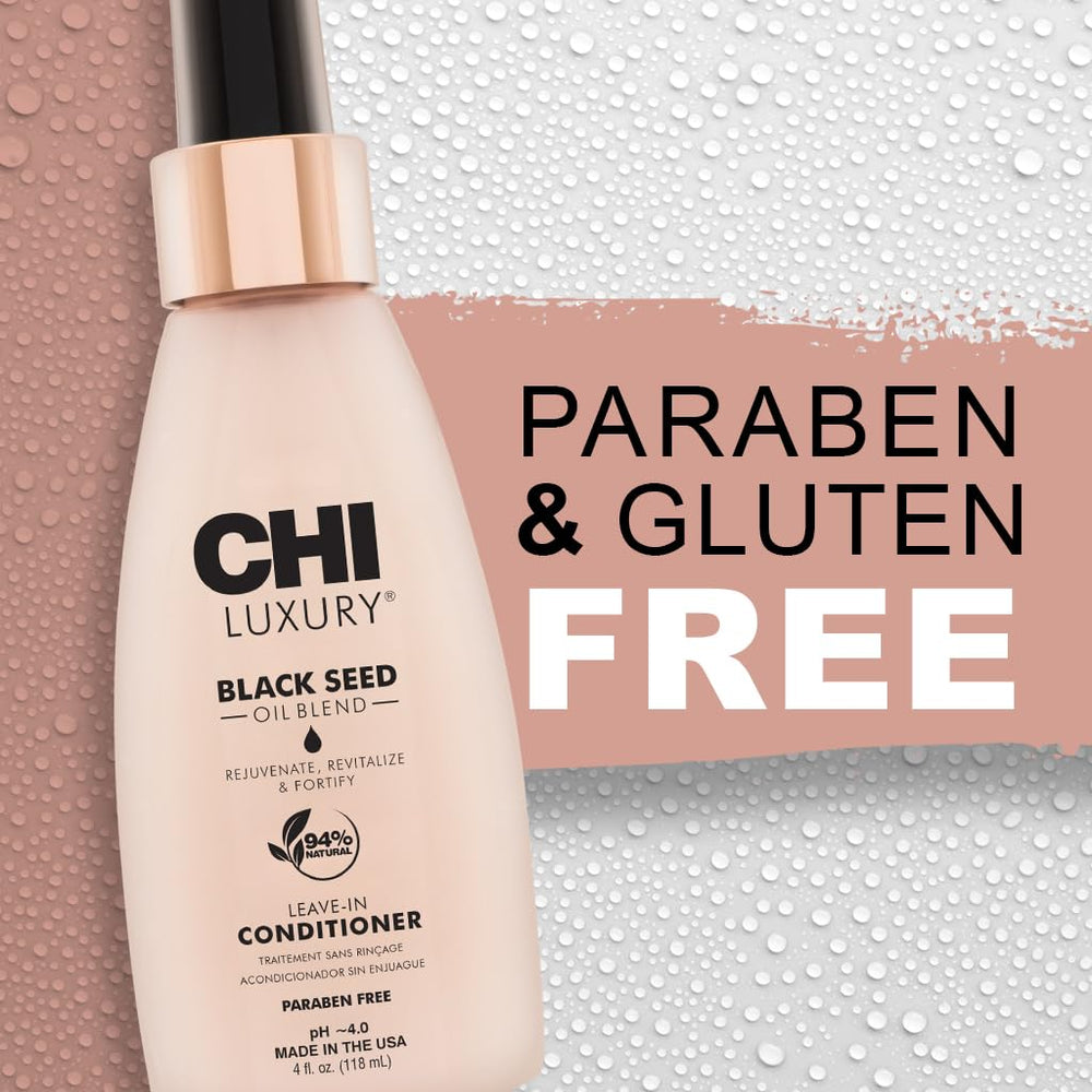 CHI Luxury Black Seed Oil Leave-In promotes soft, shiny hair after styling.