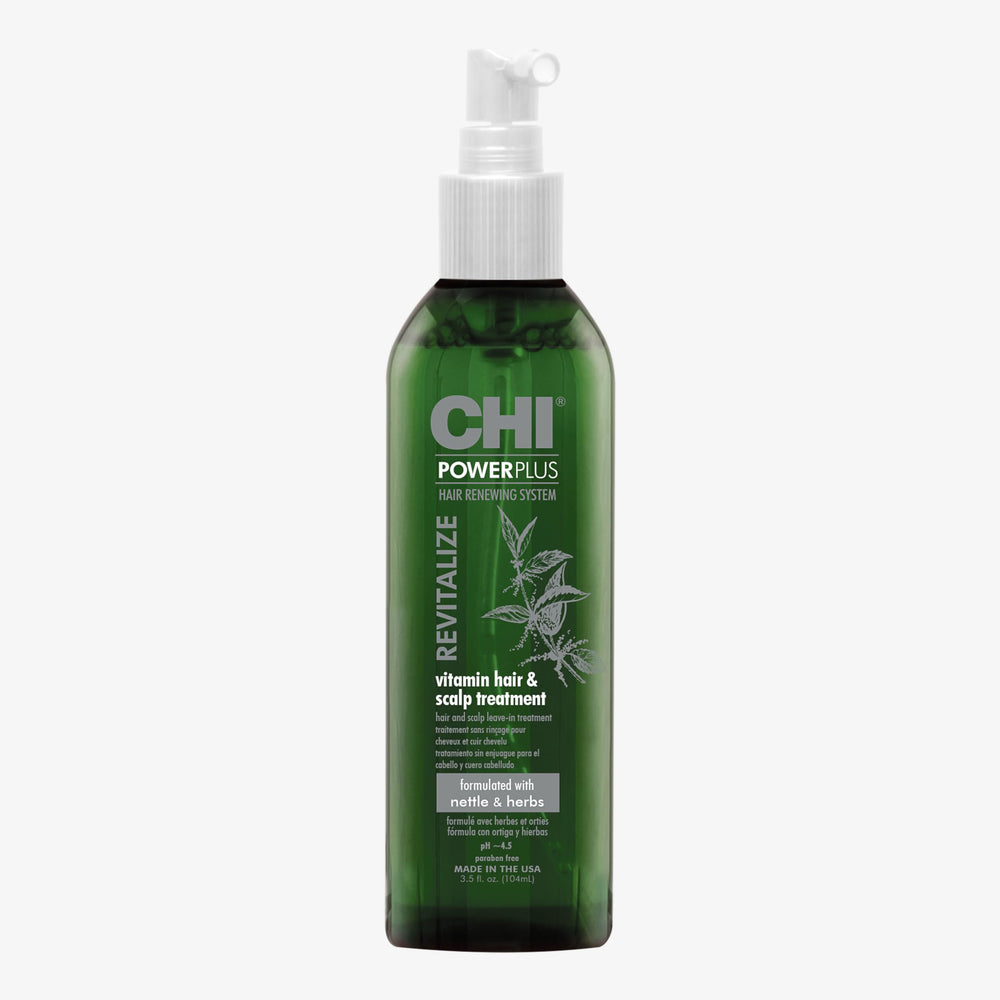 CHI PowerPlus revitalizing hair treatment bottle; scalp soothing action.