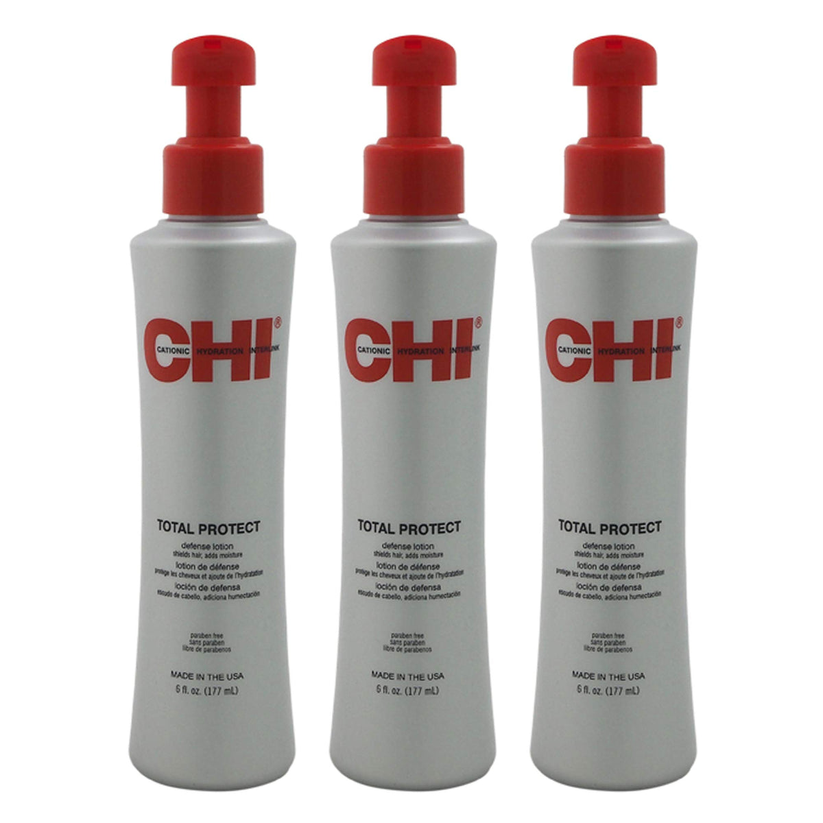 CHI Total Protect lotion bottle in a 3-pack delivers moisture and UV protection for healthier-looking hair.