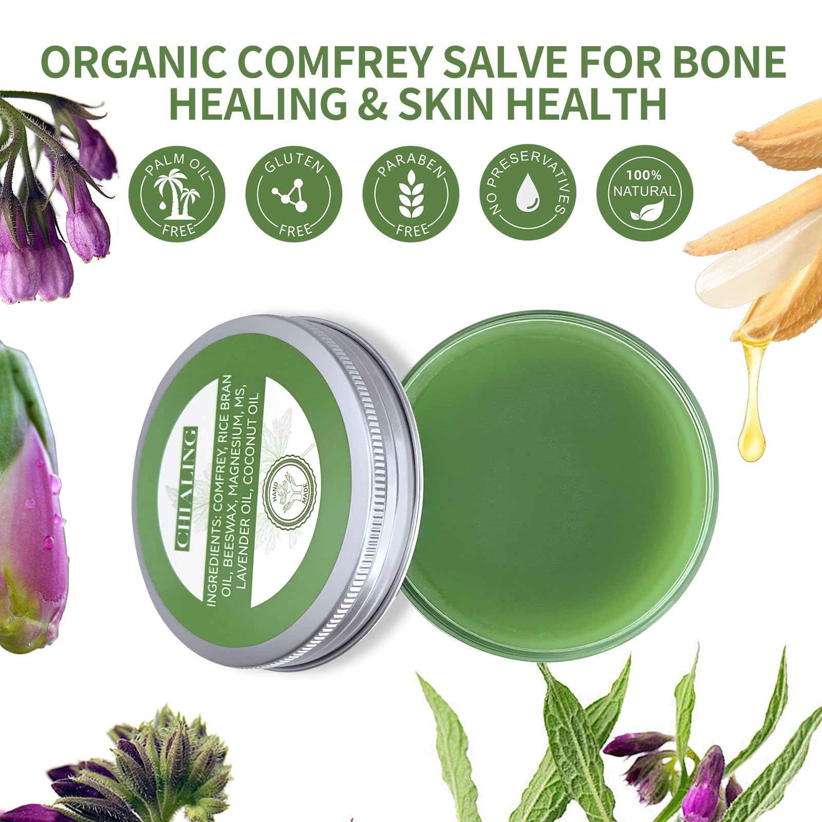 Amber bottle packaging of CHIALING Comfrey Salve suggesting premium natural care.
