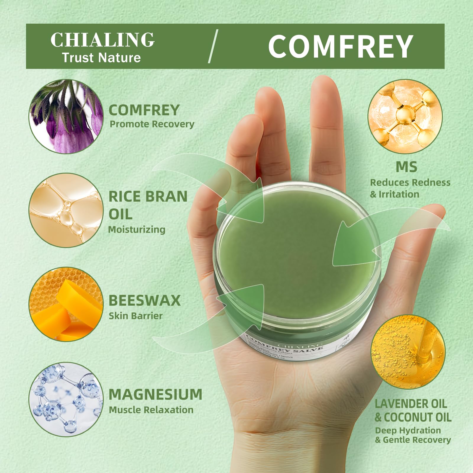 CHIALING Comfrey Salve applied on skin for daily comfort and care.