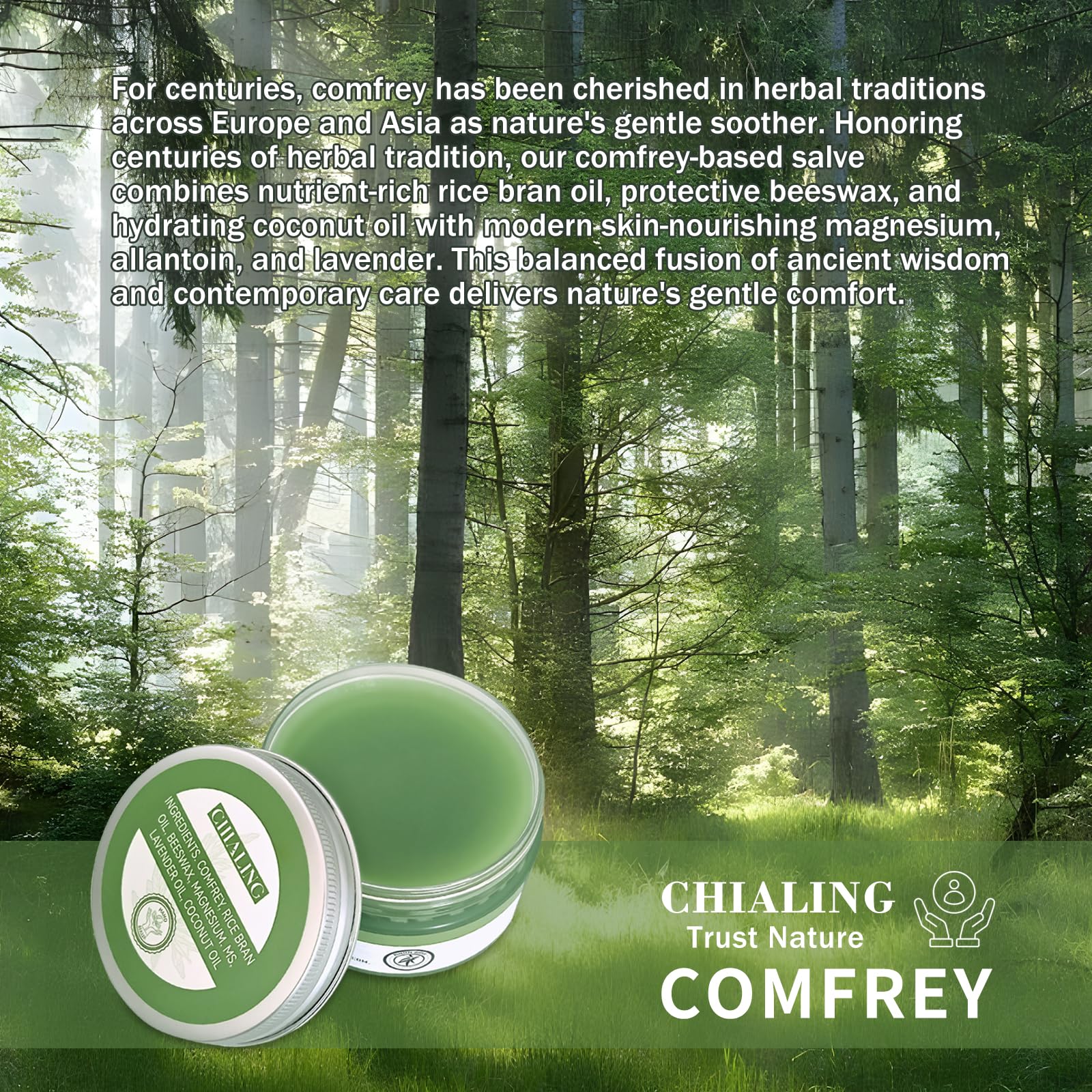 Label of CHIALING Comfrey Salve showing organic ingredients and plant-based components.
