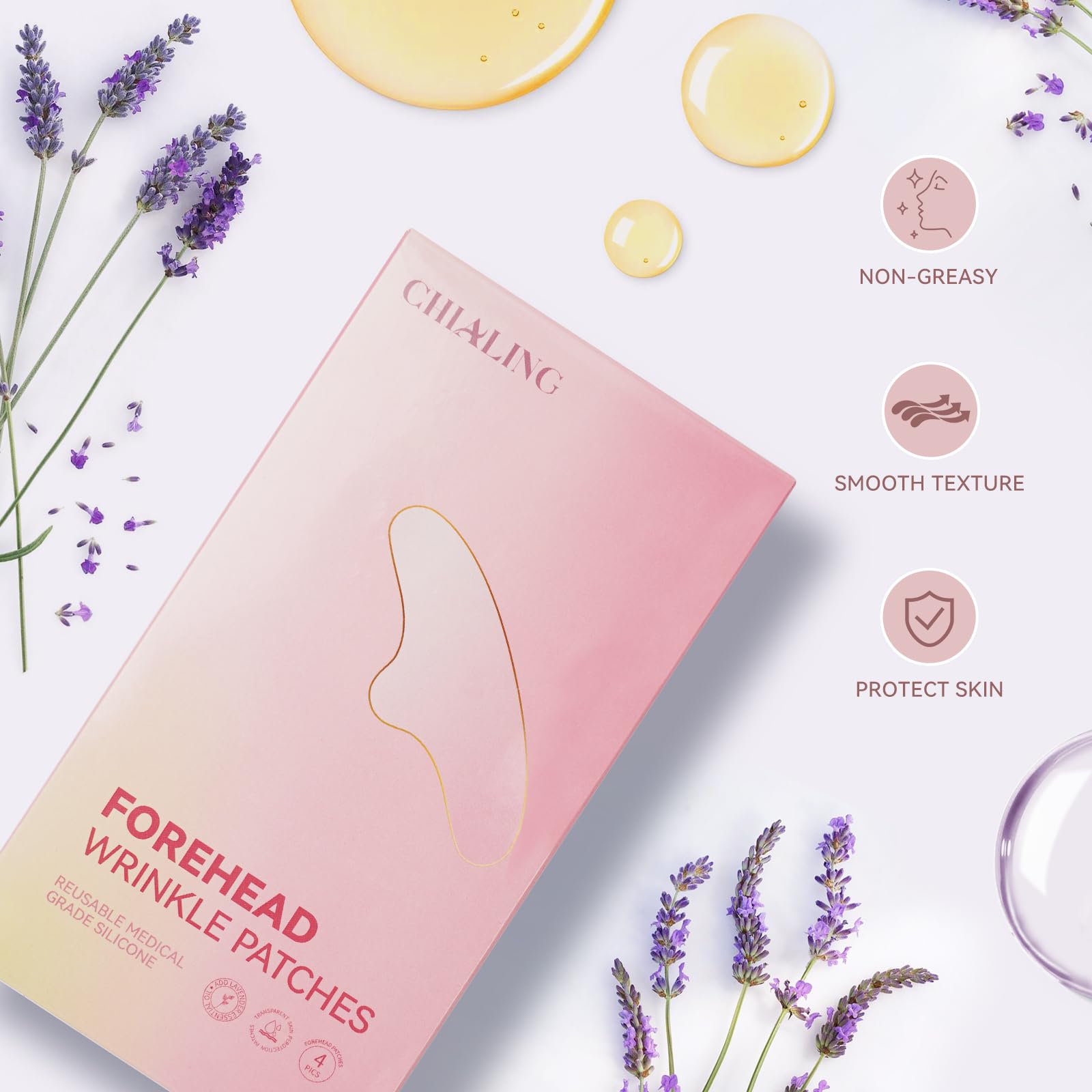 Chialing patches with lavender oil promote relaxation while smoothing fine lines.