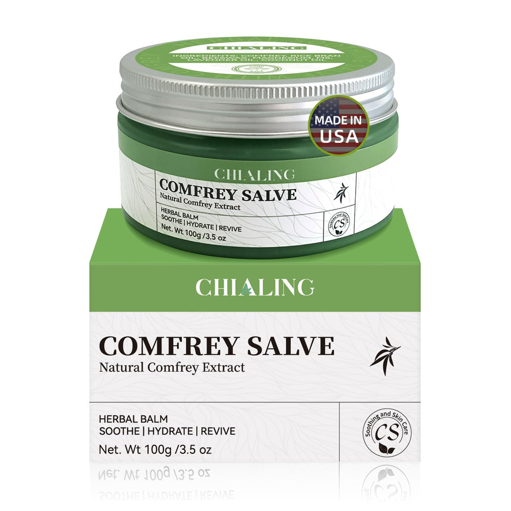 Chialing Handmade Organics Comfrey Salve jar for daily skin care and gentle nourishment.