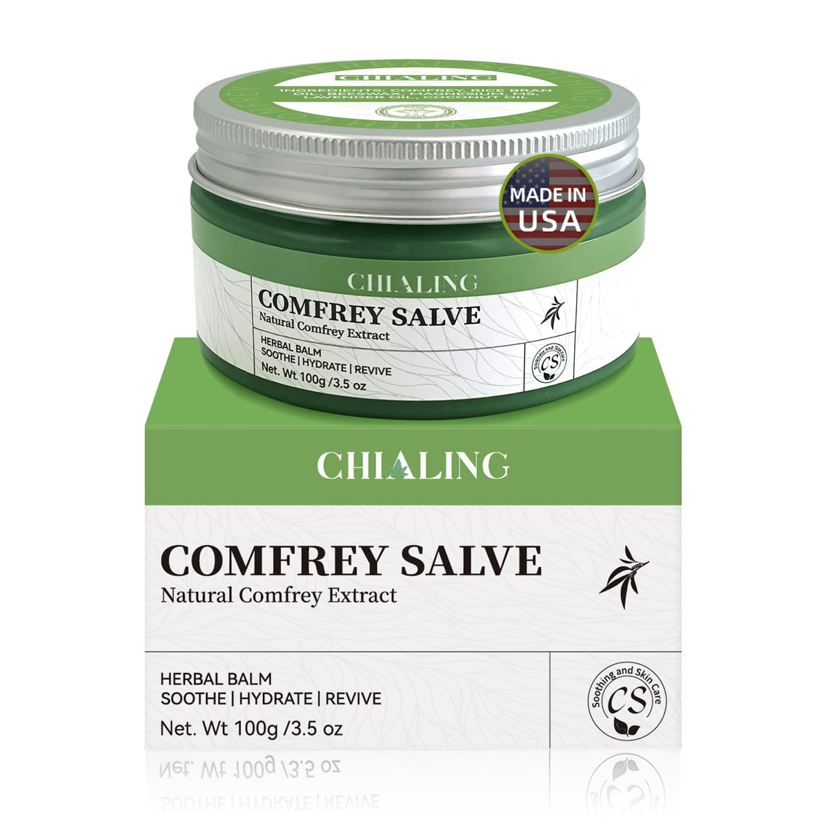 Chialing Handmade Organics Comfrey Salve jar for daily skin care and gentle nourishment.